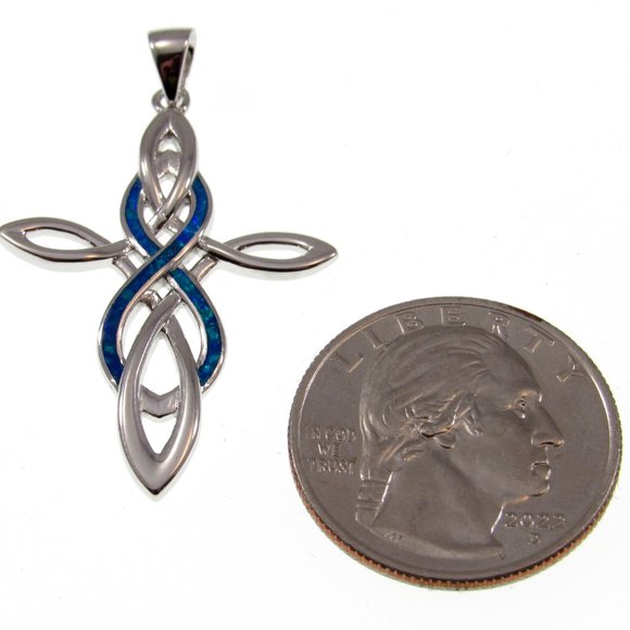 Solid 925 Sterling Silver and Blue Opal Celtic Cross & Infinity Knot Pendant - Picture 2 of 5